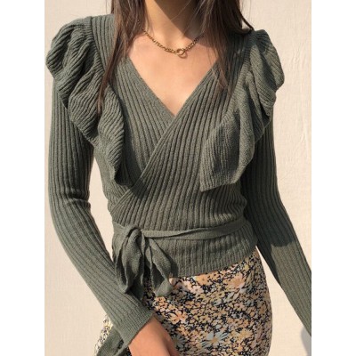 Women V  Neck Ruffle Trim Elegant Knitted Sweaters