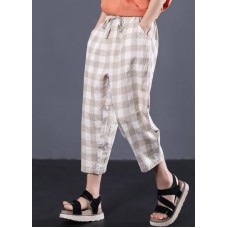 khaki plaid cotton pants plus size drawstring casual pants