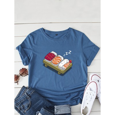 Women Cartoon Sleeping Sushi Print O  Neck Short Sleeve Leisure T  Shirt