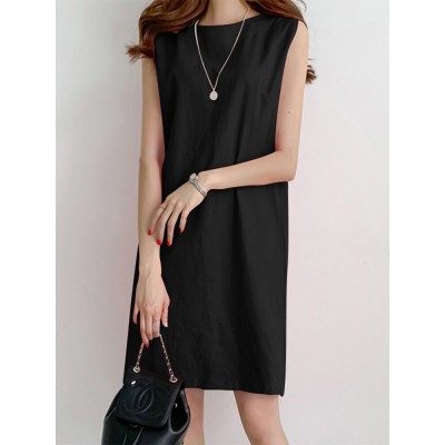 Solid H  Shaped Cotton Sleeveless Round Neck Casual Midi Dress