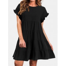 Round Neck Ruffle Button Pleat Short Sleeve Mini Dress