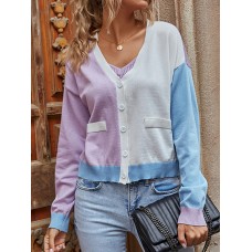 Women Contrast Color Knitted Drop Shoulder Long Sleeve Sweater Cardigans