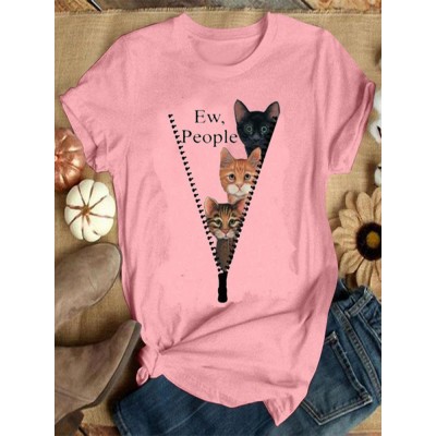 Women Cute Cartoon Cat Letter Print O  Neck Casual Short Sleeve T  Shirts